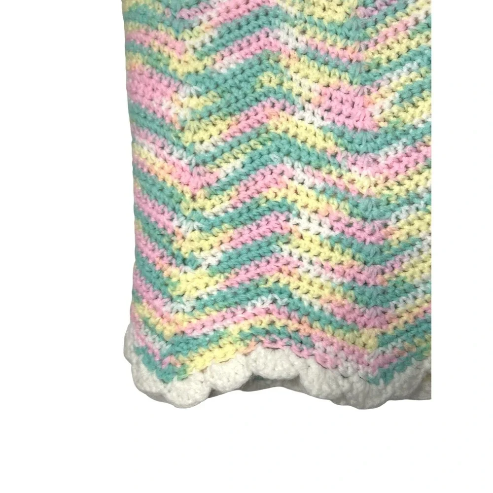 Handmade Chevron Knit Baby Blanket Pink Mint Yellow Scalloped Grannycore Cottage